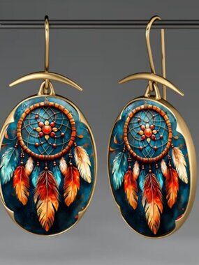 Dreamcatcher Drop Earrings Boho Tribal Nature Metal and Glass